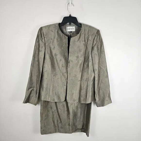 Floral Jacquard Skirt Suit Set Sage Green Size 12 - Picture 1 of 16